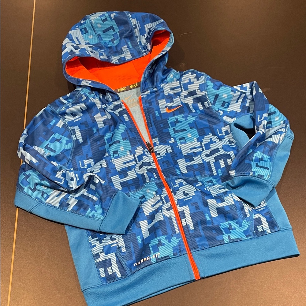 Nike Kids Blue Camo Hoodie with Orange Highlights